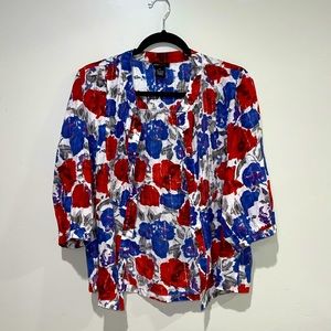 BCBGMaxAzria Classy Button-Up Top Tri-Color Floral Blouse Red White Blue Size XL